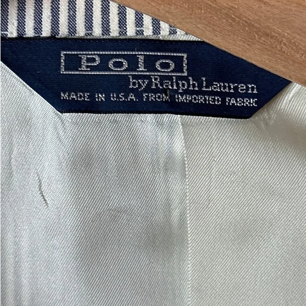 Vintage Polo Ralph Lauren Seersucker Sport Coat Blazer Blue White Stripe 38R USA